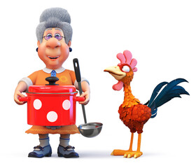 3D illustration of a granny with a rooster cooking lunch in a saucepan