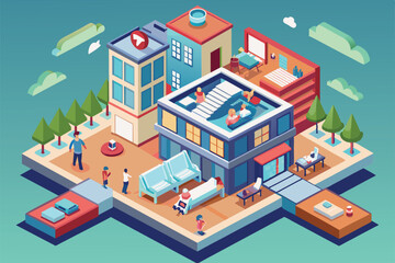 Vibrant isometric art of a city building with rooftop pool, patio, trees, and people enjoying activities, Abortion Customizable Isometric Illustration