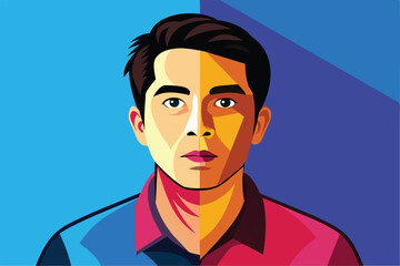 Fototapeta premium A colorful illustration of a mans portrait, split down the middle and rendered in a vibrant style, About me Customizable Disproportionate Illustration