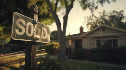 Fototapeta premium Pan and Zoom of Sold For Sale Real Estate Sign in Front of New House : Generative AI