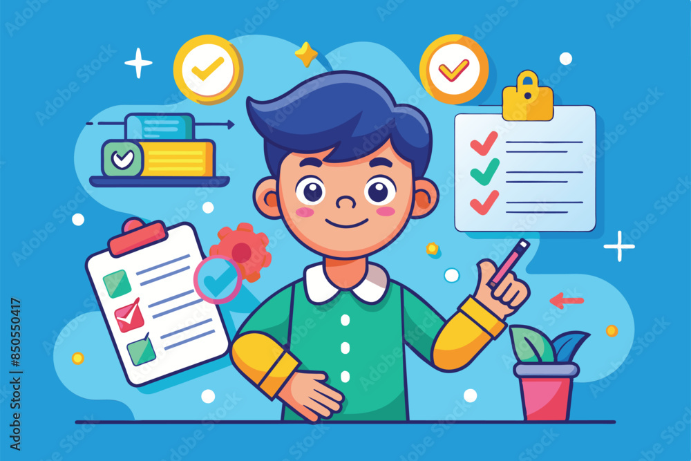 Aufkleber a cartoon illustration of a smiling person adding tasks to a customizable checklist, add tasks custo