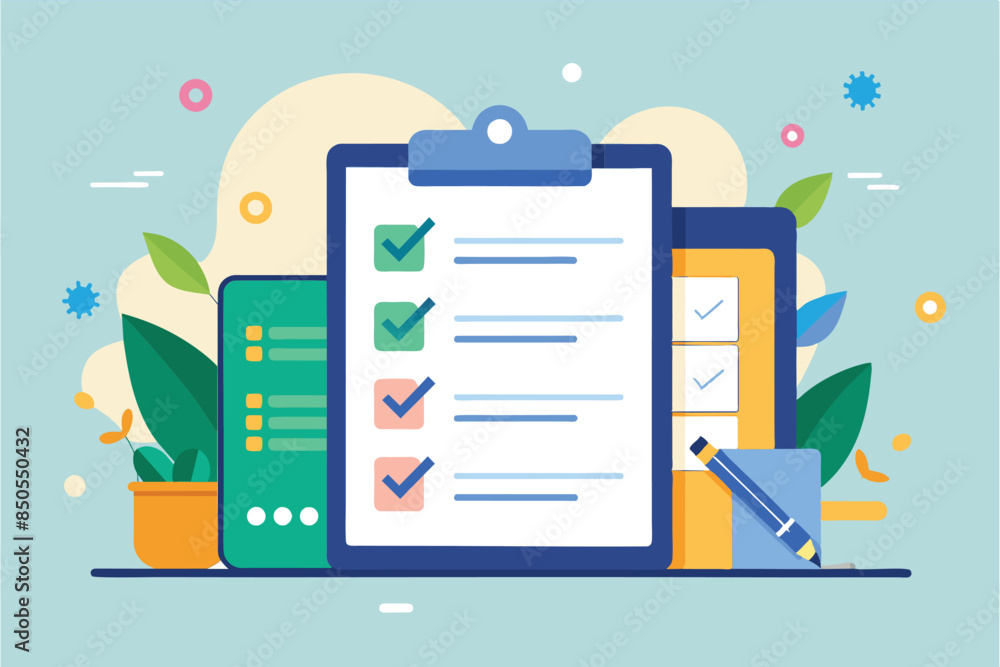 Poster a colorful illustration showing a checklist with checkmarks and a pencil, add tasks customizable fla