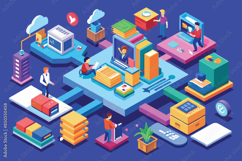 Poster isometric illustration of a team collaborating on tasks, showcasing a modern workflow with interconn