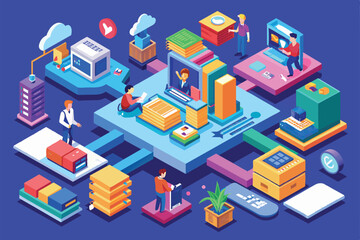Isometric illustration of a team collaborating on tasks, showcasing a modern workflow with interconnected elements, Add tasks Customizable Isometric Illustration