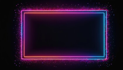 Obraz premium Neon pink rectangular frame with radiant particles, set against a deep black background, highlighting a dynamic and enchanting visual composition.