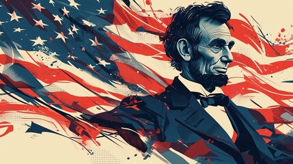 Illustration of Abraham lincoln stands in front of the American flag.