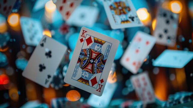 A mesmerizing close-up of playing cards falling gracefully in mid-air, capturing the dynamic movement and the excitement of a casino atmosphere. The cards are in sharp focus against a blurred