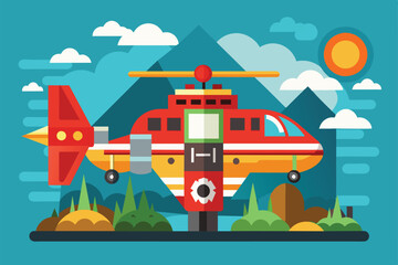 Fototapeta premium A flat, stylized illustration of a red helicopter flying over a mountain landscape with clouds and a bright sun, Air support Customizable Flat Illustration