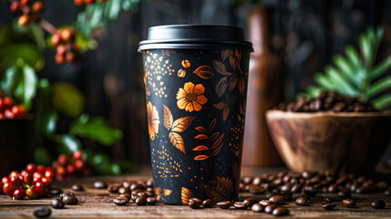 Mockup of coffee drink packaging with floral concept with blooming flowers, coffee beans scattered on the table, blurred red coffee bean background
