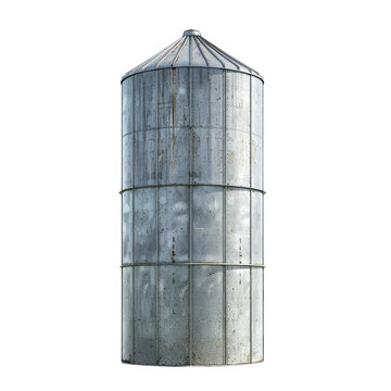 A high-quality photo of an old metal grain silo isolated on a transparent background, showcasing its rustic and weathered appearance.
