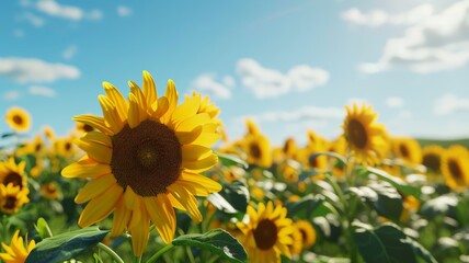 Fototapeta premium Golden Sunflowers Reach for the Sky. Bright Blooms in Full Sunshine.