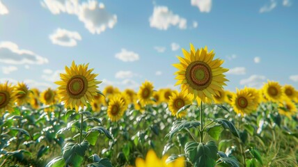 Obraz premium Sunflowers Stand Tall Under Blue Sky. Endless Blooms in Perfect Harmony.
