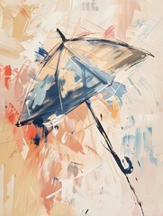 Abstract minimalist painting of a pastel umbrella with visible brush strokes, ideal for interior design projects and rain-inspired decor