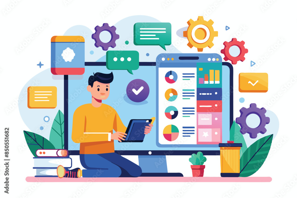 Poster a colorful illustration of a man working on a desktop computer with a tablet in hand, app developmen