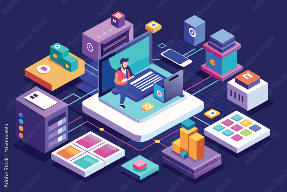 Poster person creating mobile app with software and devices in isometric illustration, app development cust