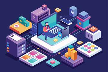 Obraz premium Person creating mobile app with software and devices in isometric illustration, App development Customizable Isometric Illustration