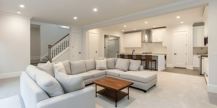 Modern basement room in a beautiful house with bright decor. Concept Basement Renovation, Bright Decor, Modern Interior Design, Stylish Furnishings