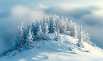 Obraz premium Tranquil Winter Landscape with Snow-Covered Pine Trees on Serene Hilltop at Dawn