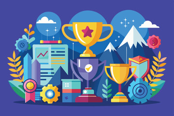 Flat illustration of award trophies, badges, and other achievement symbols, Awards Customizable Flat Illustration