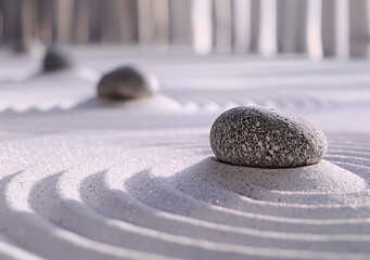 Zen garden with smooth white sand and circular raked patterns, closeup of grey stone in the center, soft focus background, minimalist style 