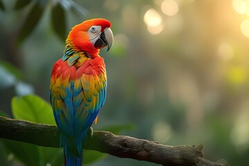 Fototapeta premium A photorealistic depiction of a colorful parrot perched on a tropical branch, its vibrant feathers standing out against the lush greenery, showcasing the beauty of exotic birds