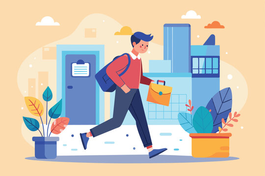 An illustration of a man rushing towards an office building with a briefcase and backpack, Back to work Customizable Semi Flat Illustration