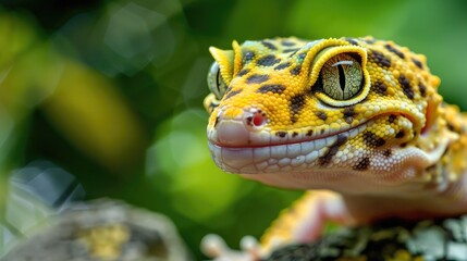 Close up of a leopard gecko s face with a natural background