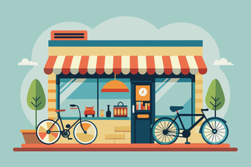 A cartoon illustration of a bicycle shop with a red and white striped awning, two bicycles parked outside, and a blue door, Bicycle shop Customizable Disproportionate Illustration