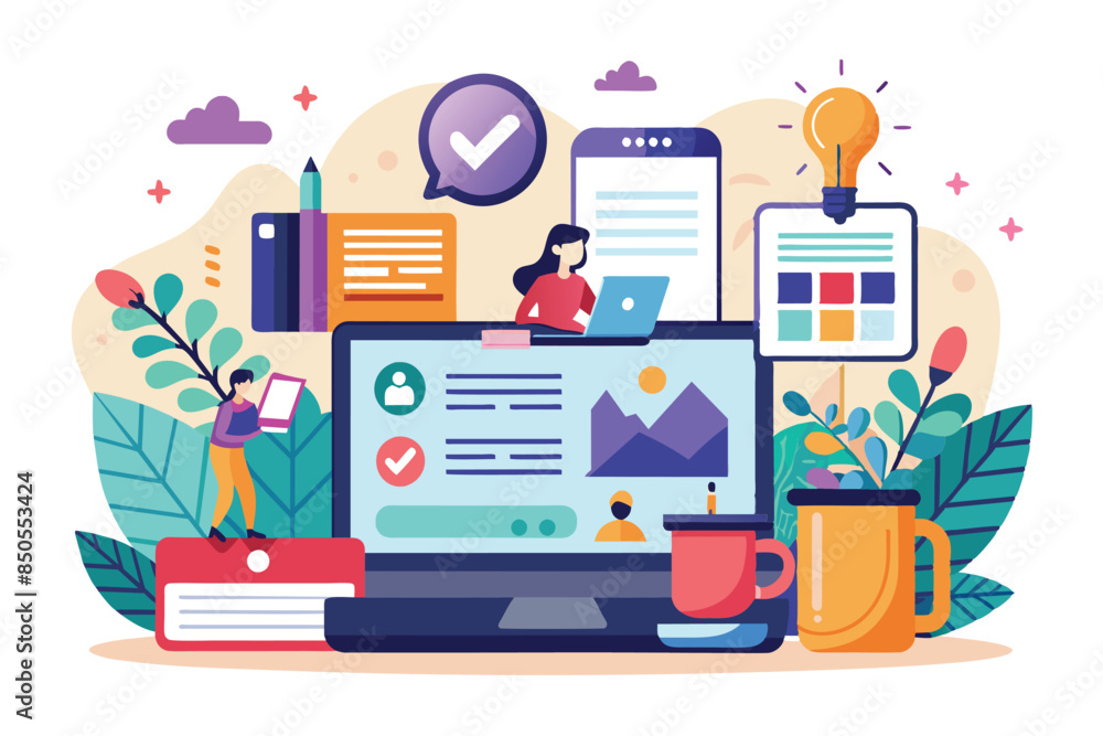 Poster illustration of a customizable blog design with various user interface elements and a person working