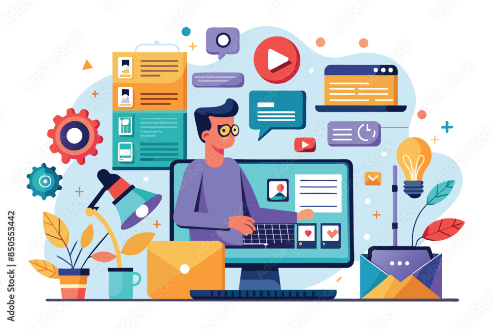 Aufkleber an illustration of a person blogging on a computer surrounded by icons representing various customiz