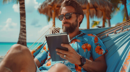A handsome man with a beard and sunglasses relaxing in a hammock on the beach holding an tablet, wearing a blue shirt with orange accents.