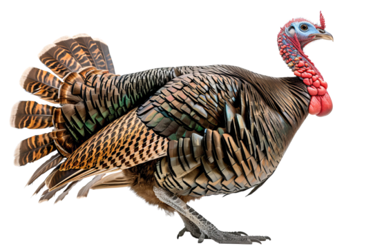 Wild turkey isolated on transparent background. Detailed feathers and vibrant colors. Perfect for Thanksgiving or wildlife-related projects.