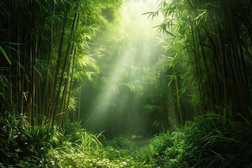 Obraz premium Dense bamboo forest with sunlight filtering through, revealing a tranquil and calming ambiance.