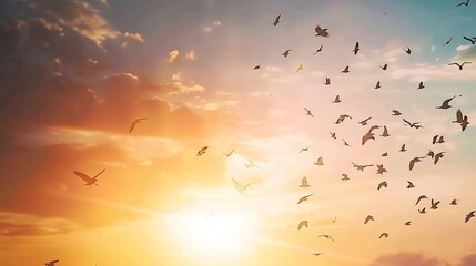 Obraz premium Bird flock sky concept Slow motion bird flock flying on silhouette sky sunset background beautiful nature of bird on sunset background in rural many birds slow fly on twilight sunny vi : Generative AI