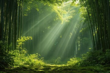 Obraz premium Dense bamboo forest with sunlight filtering through, bathing the surroundings in a tranquil and harmonious glow.