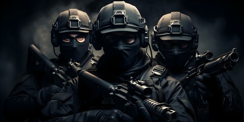 Fototapeta premium Special forces soldiers in black uniforms with masks and guns on dark background. Concept Special Forces, Soldiers, Black Uniforms, Masks, Guns, Dark Background
