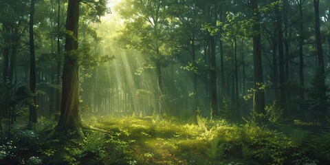 Obraz premium Within the dense forest, tall trees sway gracefully in the dappled sunlight, evoking a sense of tranquility.