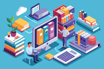 Two people browsing online for customizable isometric illustrations, Browsing online Customizable Isometric Illustration