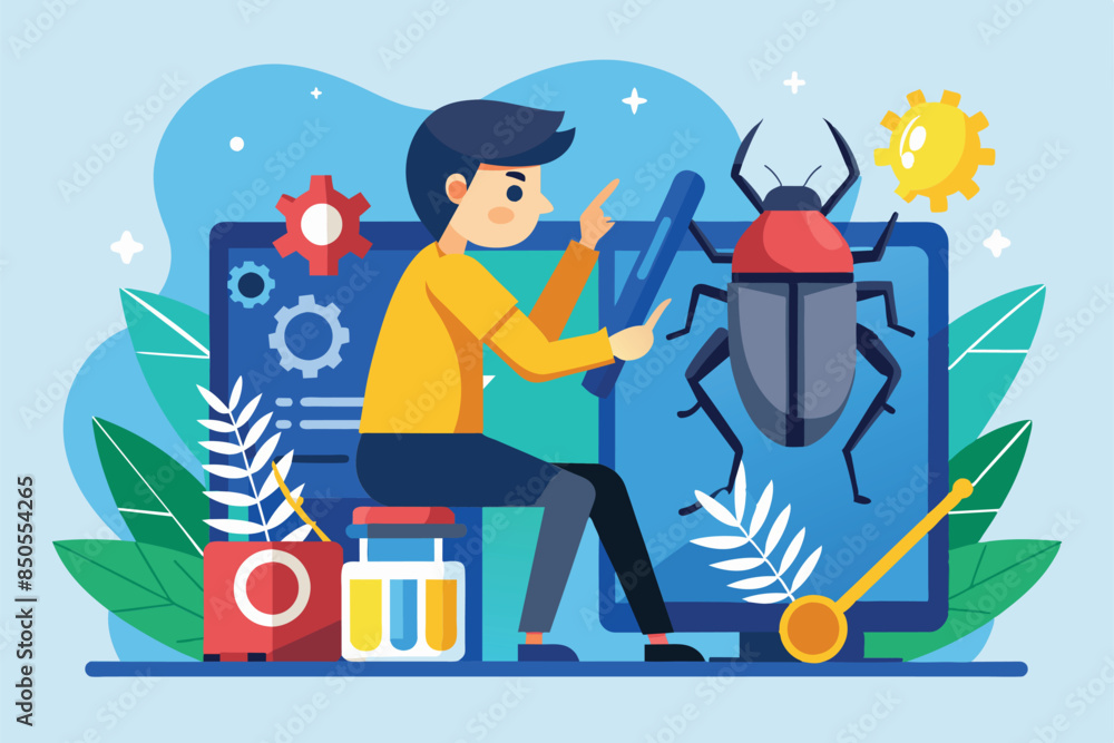 Poster a flat illustration depicting a person working on a computer, debugging a software bug, bug fixing c