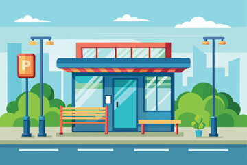 Obraz premium An illustration of a brightly colored bus stop with benches, street lights, and a parking sign, Bus stop Customizable Disproportionate Illustration