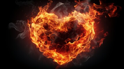 Burning heart shape in the fire isolated on dark background