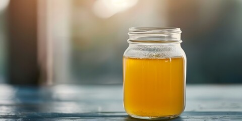 Beef bone broth in glass jar with collagen for protein building. Concept Cooking, Nutrition, Protein, Collagen, Bone Broth