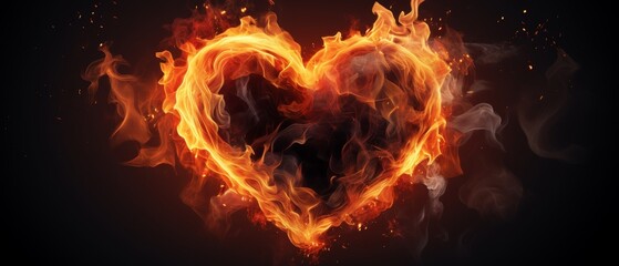 Burning heart shape in the fire isolated on dark background