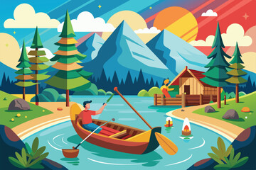 Fototapeta premium A man enjoys a peaceful canoe ride on a clear lake with towering mountains in the background, Canoeing Customizable Disproportionate Illustration
