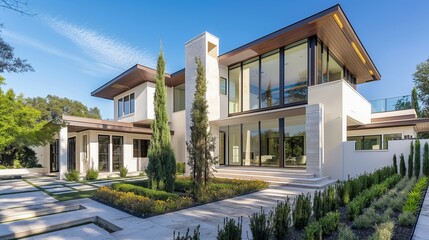Fototapeta premium A modern luxury mansion with clean lines, expansive windows, and a beautifully landscaped garden.