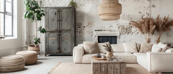vintage industrial living room featuring an old metal locker, white stone walls, and boho accents with natural materials for a unique, eclectic vibe
