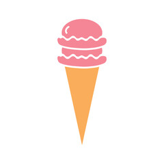 Hand drawn ice cream vector icon, solid silhouette on white background. Two ice balls of pink color in waffle cone. Flat fast food illustration for menu, web, logo, banner, pattern, card.