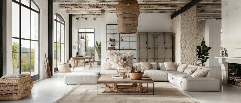 vintage industrial living room featuring an old metal locker, white stone walls, and boho accents with natural materials for a unique, eclectic vibe