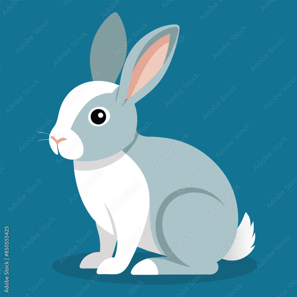 Poster a simple, clean illustration of a rabbit with gray fur and a white patch on its chest, clean and cri