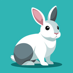 A flat, vector illustration of a white and grey rabbit sitting on a teal background, Clean and crisp vector art of a rabbit in a flat, simplistic style